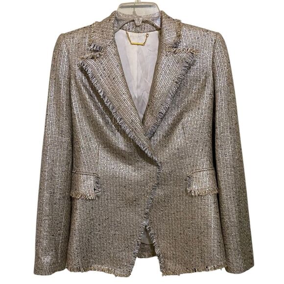 ELIE TAHARI Jezebel Tweed Jacket Beige Champagne Frayed Edge English Countryside - Picture 1 of 14